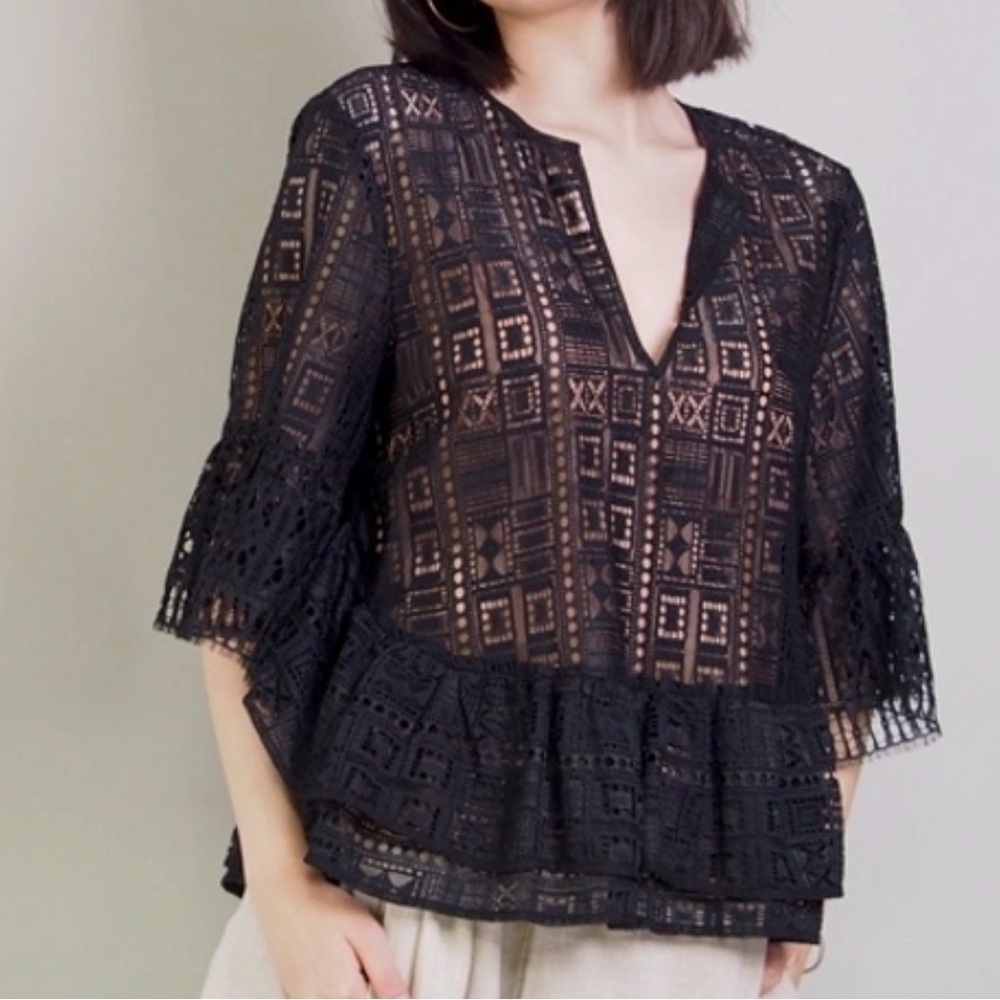 BCBGMaxAzria Black Lace V Neck Dramatic Bell Sleeve Peplum Babydoll Shirt Top